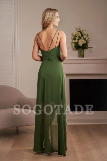 Polyester chiffon A-line thin shoulder strap bow back V-shaped bridesmaid dress