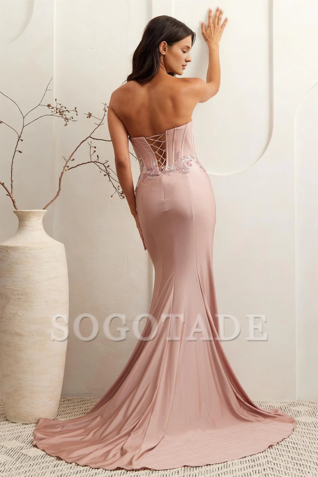 Sequin decal long strapless tight corset dress