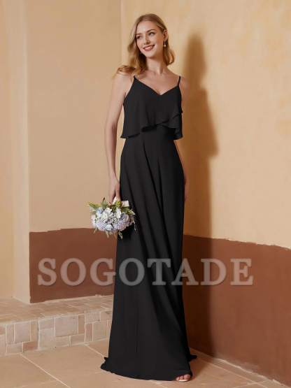 V-neck slim shoulder strap ruffled chiffon A-line dress