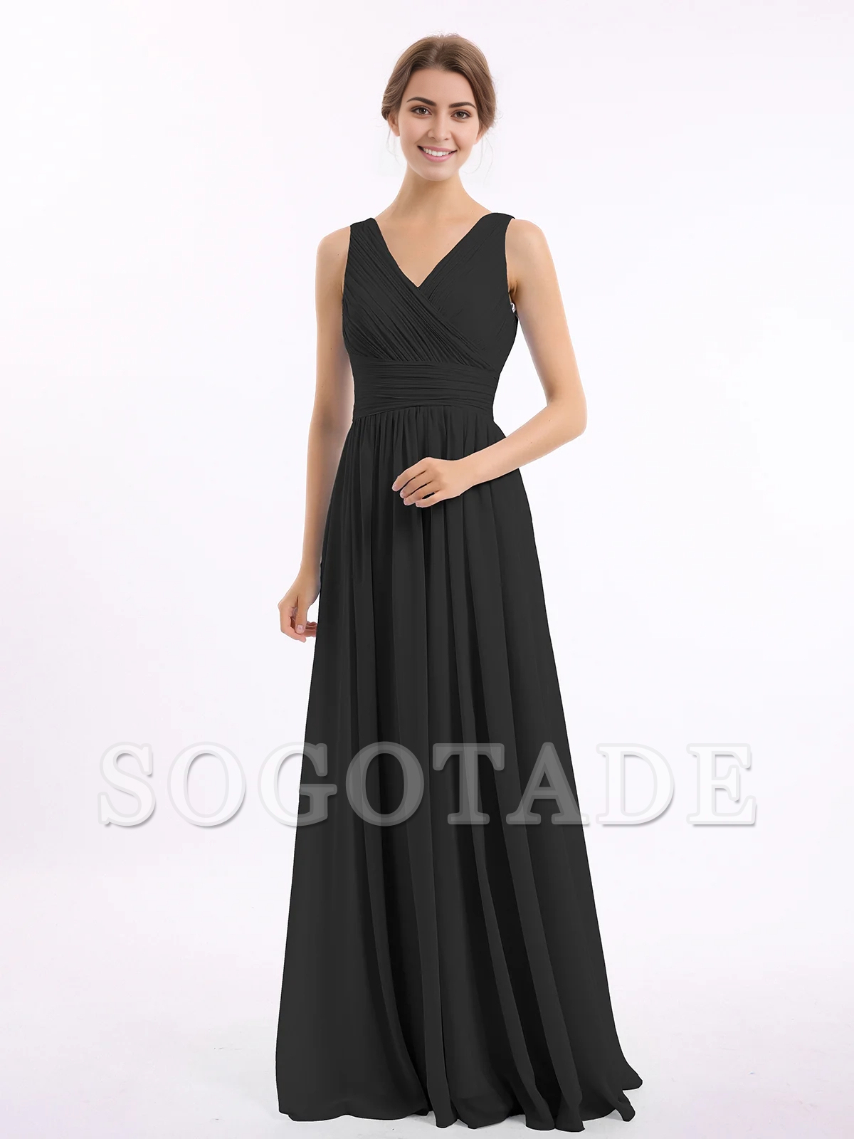 V-neck and floor chiffon dress
