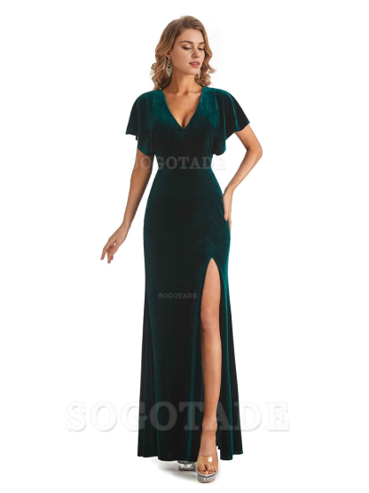 Mermaid Cultivate oneself V-Neck Short Sleeves Side Slit Velvet Long Elegant Simple Bridesmaid Dresses Formal Women's Dresses Wedding Guests Dresses