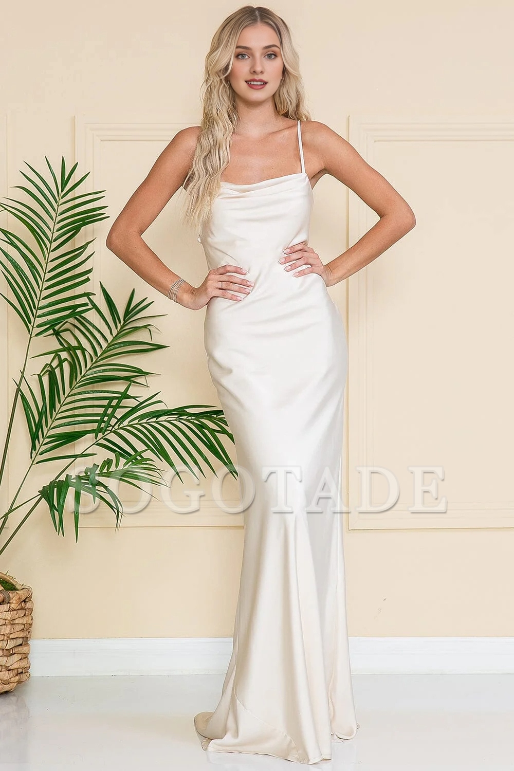 Long sleeveless high neck satin dress