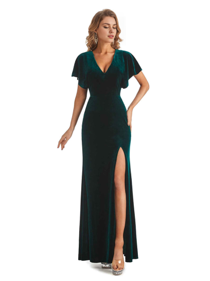 Mermaid Cultivate oneself V-Neck Short Sleeves Side Slit Velvet Long Elegant Simple Bridesmaid Dresses Formal Women's Dresses Wedding Guests Dresses