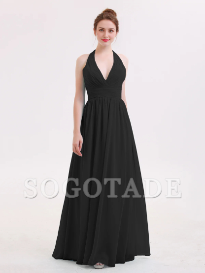 Hanging neck V-neck chiffon bridesmaid dress