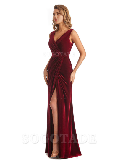 Sexy Deep V-Neck Sheath Velvet Side Slit Long Elegant Bridesmaid Dresses Formal Women's Dresses Wedding Guests Dresses