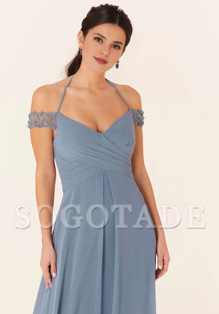 V-neck tight corset off shoulder chiffon bridesmaid dress