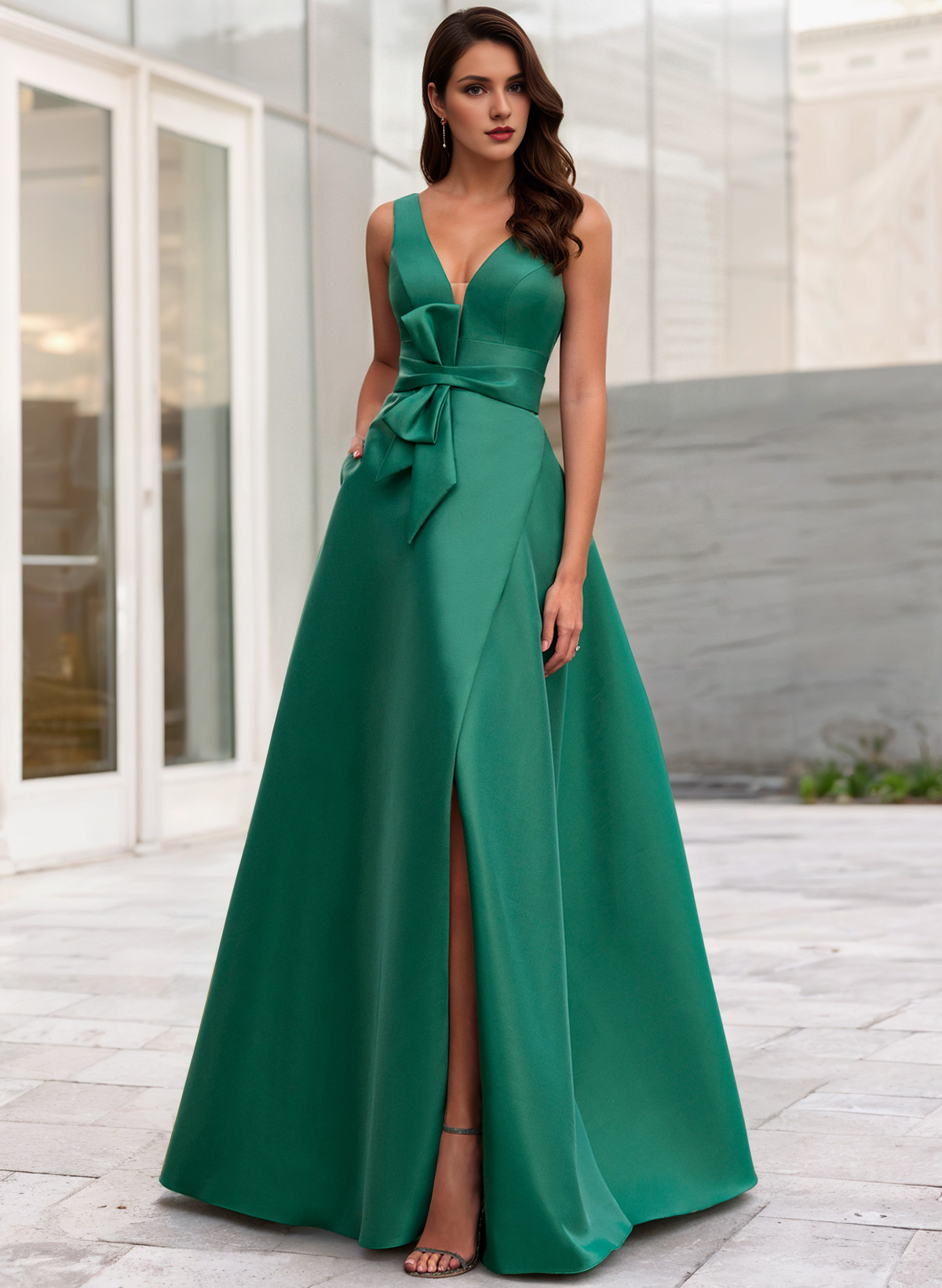 A-line evening gown high slit dress formal makeup ball and floor length sleeveless V-neck belt/waistband ribbon bow slit 2024 gods evening dresses-SOGOTADE