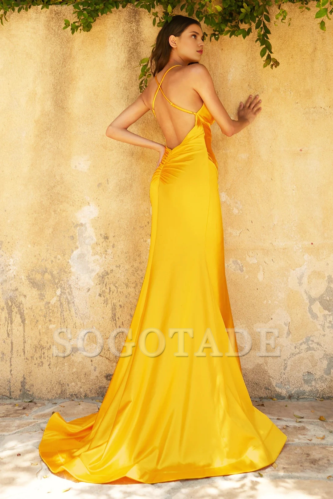 Long satin fishtail V-neck dress