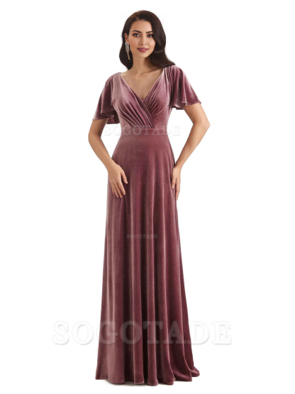 V-Neck Sexy See Through Short Sleeves Lace up Velvet Long Bridesmaid Dresses Formal Women's Dresses Wedding Guests Dresses