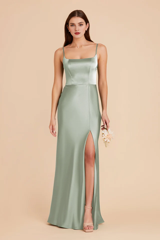 A-line front slit spoon neck satin bridesmaid dress-SOGOTADE