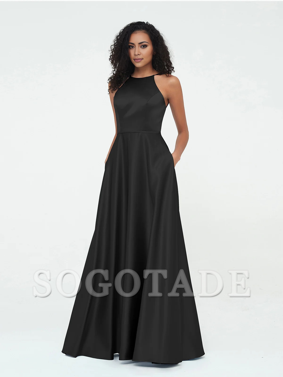 A-line hanging neck large pocket satin dress-SOGOTADE