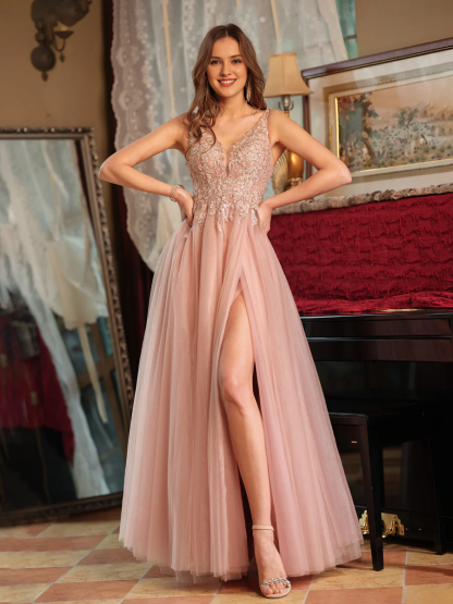 A-line princess V-neck chiffon slit side decal long ball gown