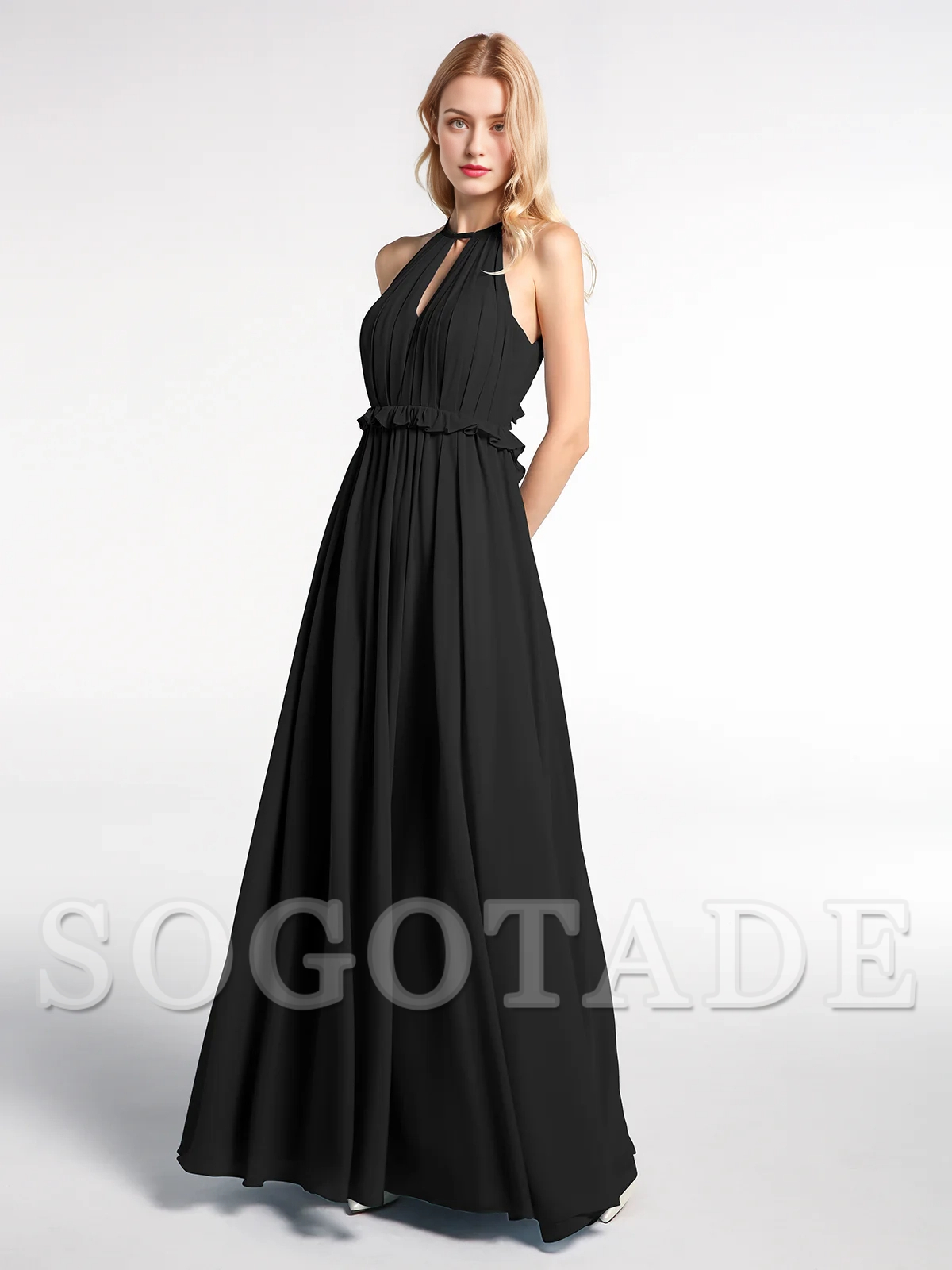 Keyhole collar backless chiffon long dress