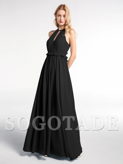 Keyhole collar backless chiffon long dress