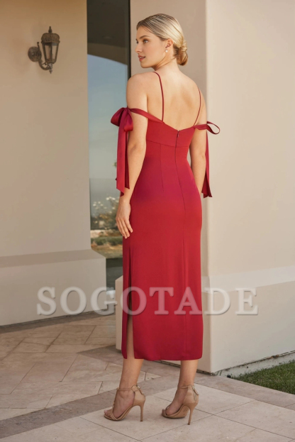 Heart shaped collar thin shoulder straps off shoulder bow tie tight fitting medium length bridesmaid dress