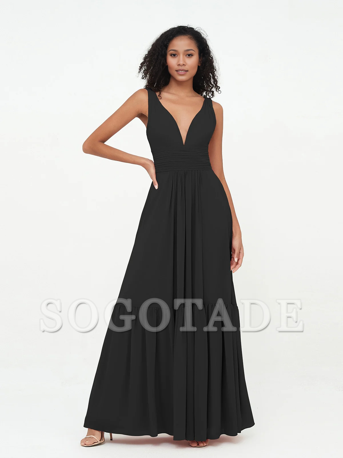 Deep V-neck chiffon layered skirt Bohemian style dress