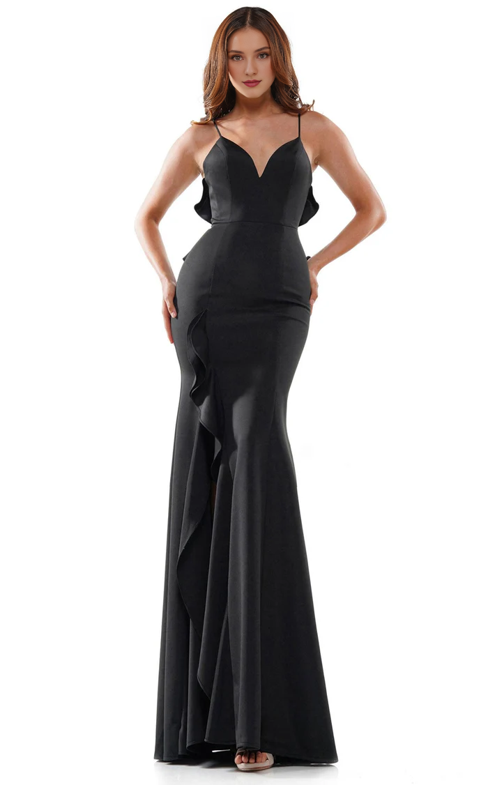 V-neck slim shoulder strap sleeveless tight corset with side slits and floor length evening gown