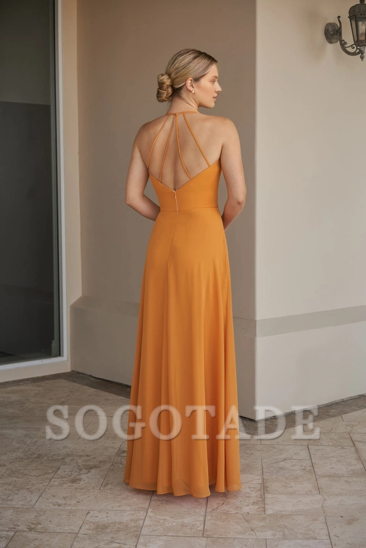 Thin shoulder strap scarf style front neckline V-shaped back bridesmaid dress