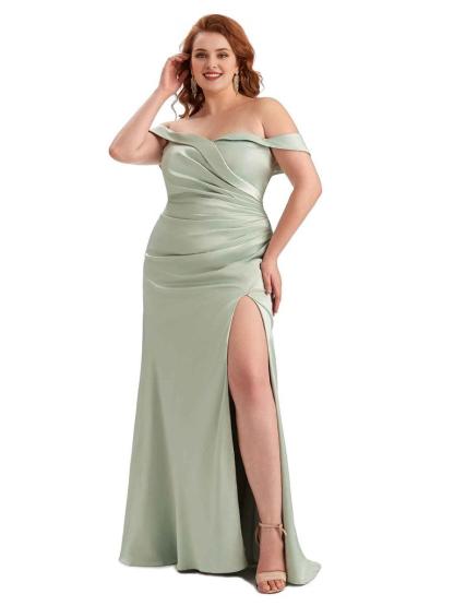 Sexy Side Slit Off Shoulder Mermaid Soft Satin Long Plus Size Bridesmaid Gowns For Wedding