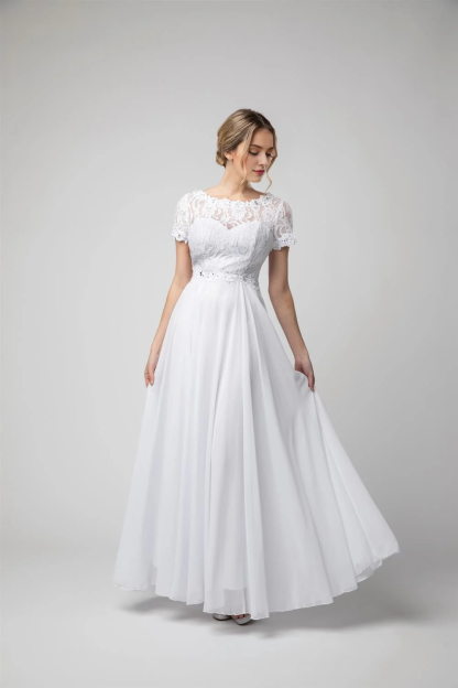 A-line lace tight corset long short sleeved chiffon dress-SOGOTADE