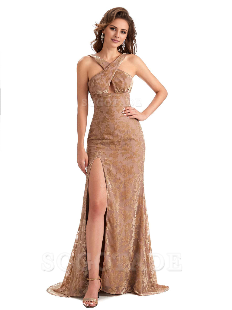 Sexy Side Slit Mermaid Cultivate oneself Lace Floral Velvet Long Bridesmaid Dresses Formal Women's Dresses Wedding Guests Dresses