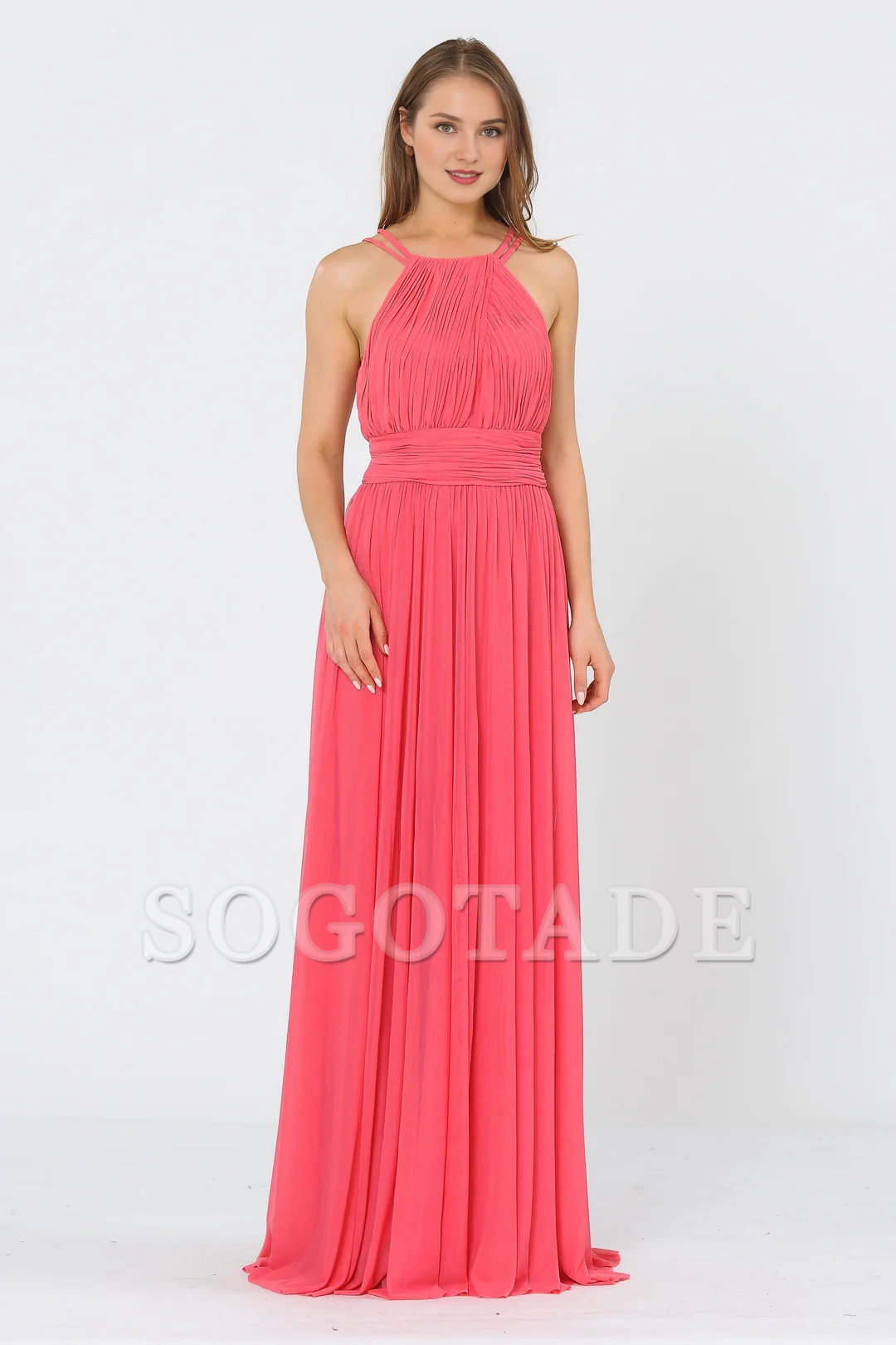 A-line pleated neck hanging long dress