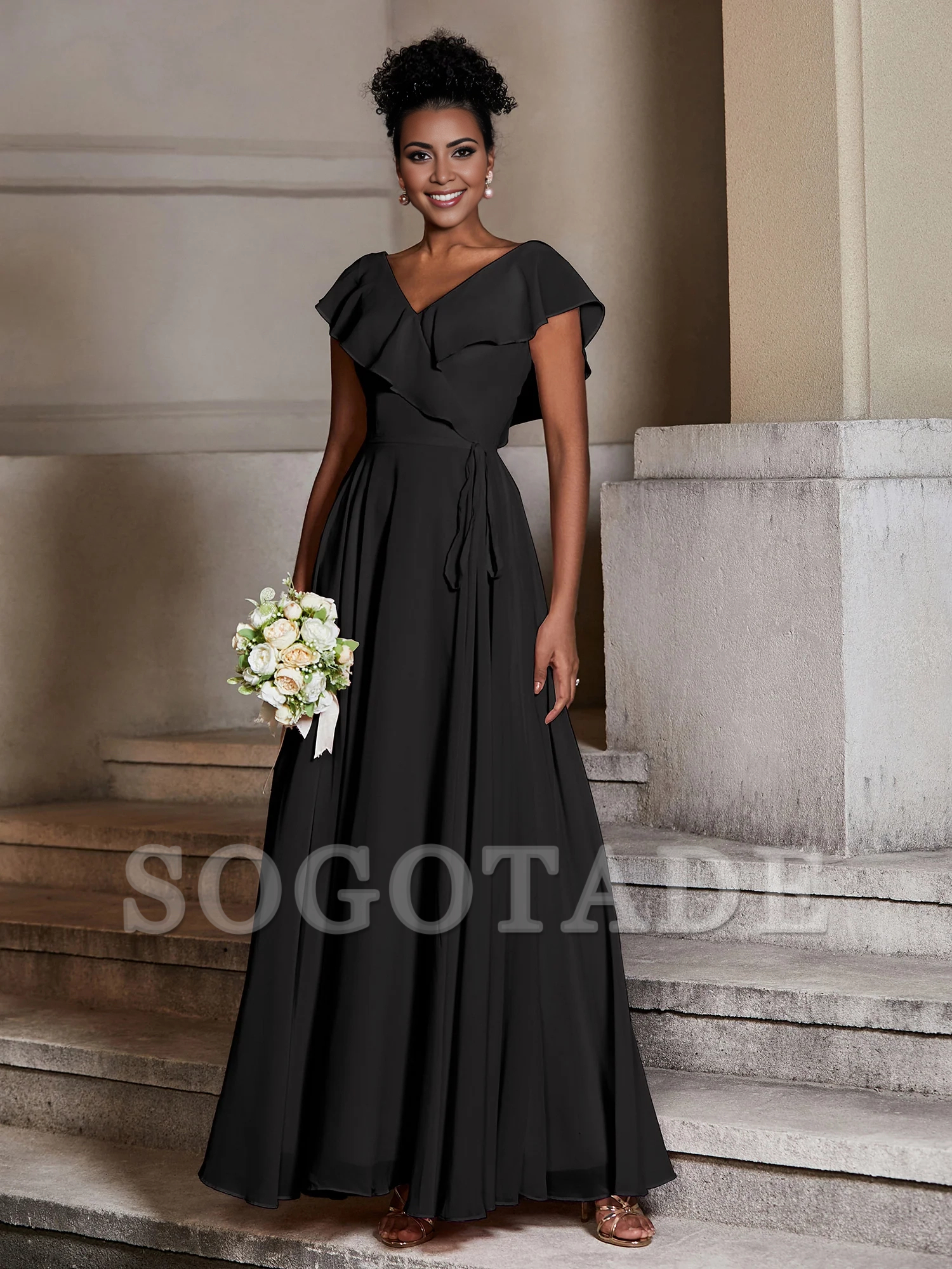 V-neck hooded chiffon dress