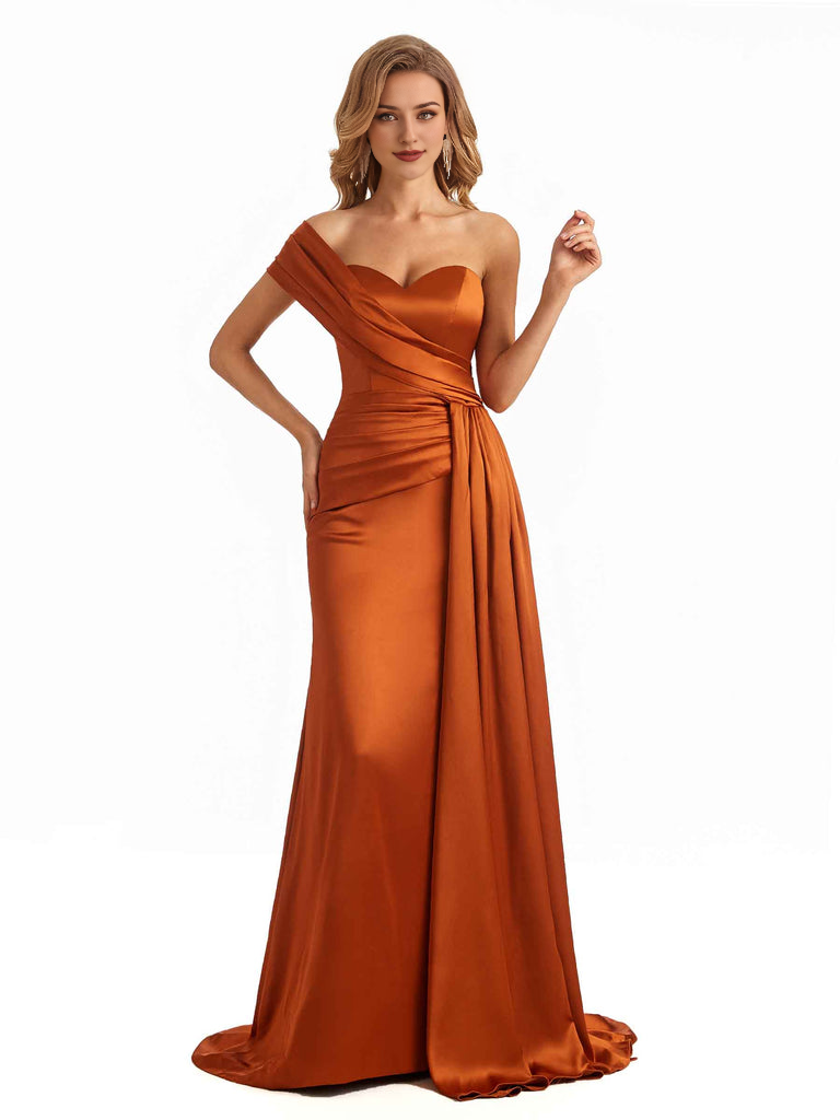 Elegant One Shoulder Soft Satin Long Mermaid Bridesmaid Dresses Online prom shop dresses ﻿
