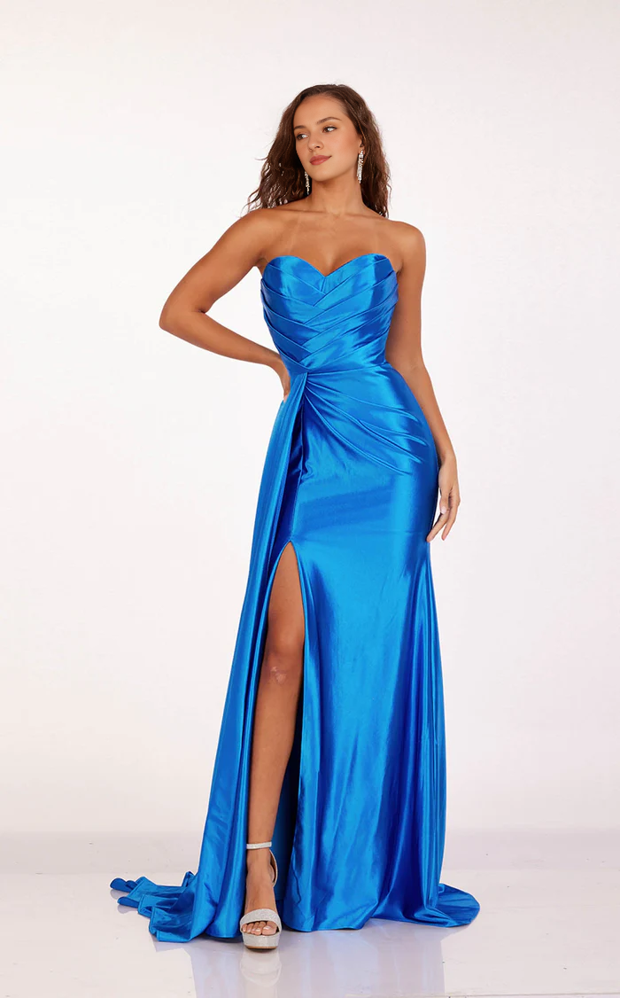 Sweetheart collar satin strapless side slit and floor length Prom dress