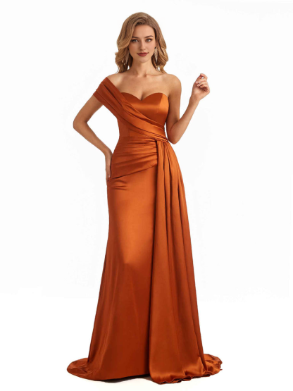 Elegant One Shoulder Soft Satin Long Mermaid Bridesmaid Dresses Online prom shop dresses ﻿