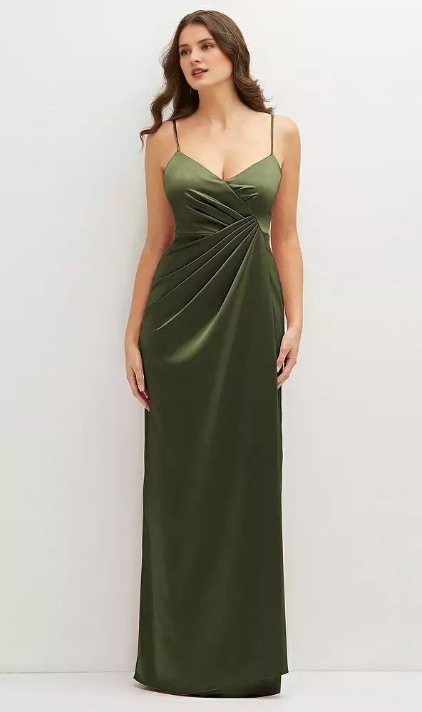Asymmetric hanging pleats wrapped in satin with extra long Prom dress