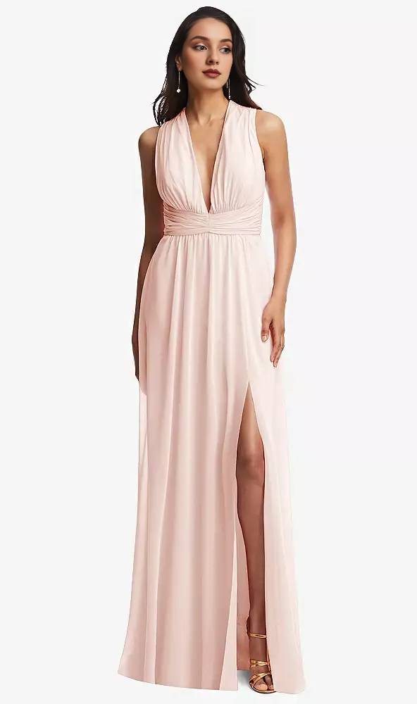Parallel Crepe Deep V-neck backless Chiffon Long Prom Dress