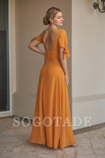 Square neckline chiffon A-line bow front slit bridesmaid dress