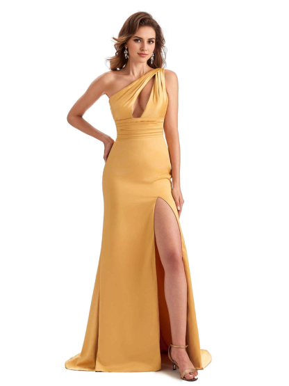 Charming Sexy Unique Side Slit Mermaid Silky One Shoulder Long Bridesmaid Dresses Formal Women's Dresses Wedding Guests Dresses