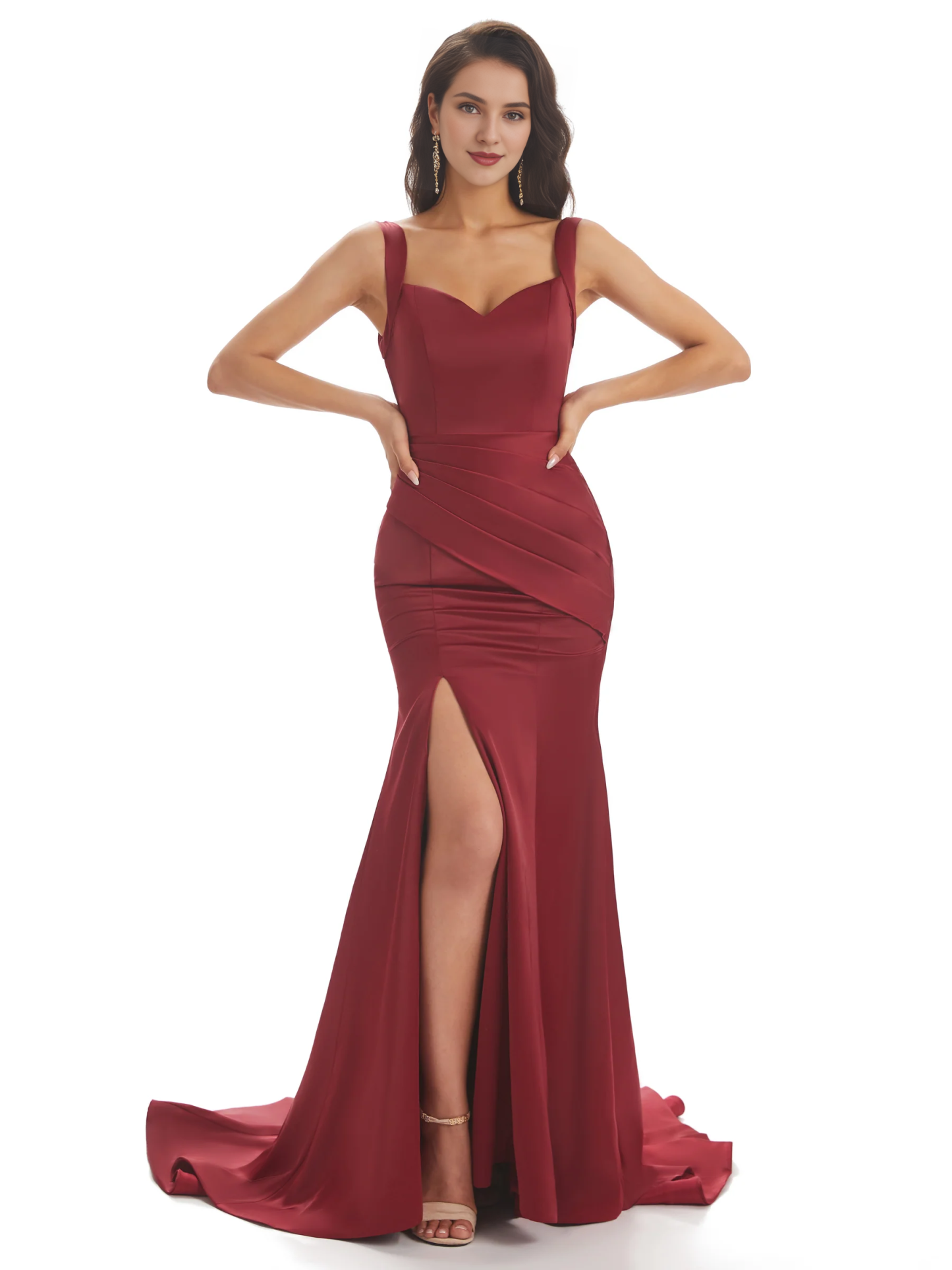 Sexy and soft satin side slit shoulder strap square and floor length fishtail bridesmaid dress
