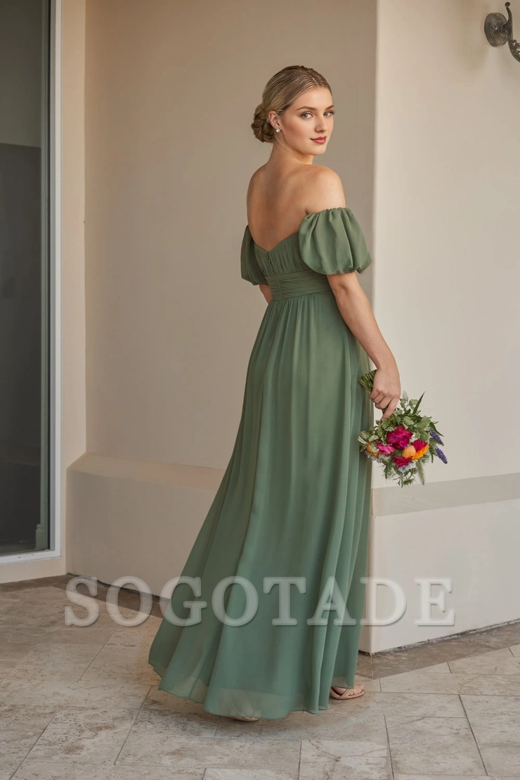 Off shoulder collar chiffon A-line detachable bubble sleeve bridesmaid dress