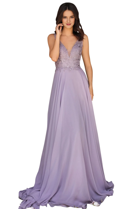 A-line V-neck thin shoulder strap floral embroidery and floor length evening dress