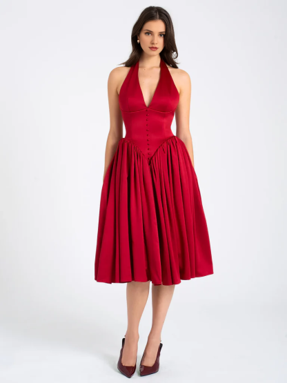 Red deep V-neck hanging backless long evening gowns