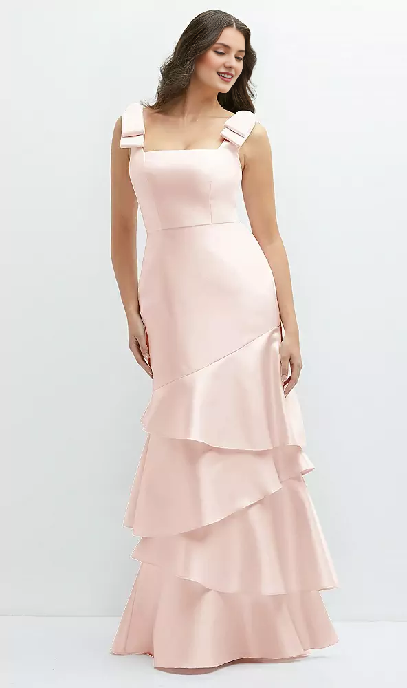 Asymmetric layered skirt with bow shoulder satin Prom dress