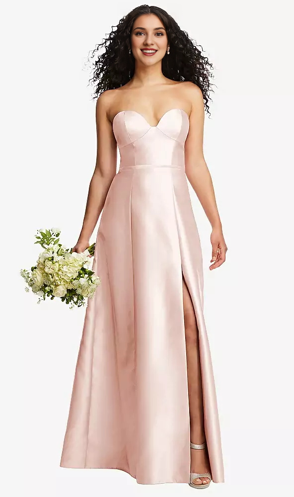 Front slit strapless tight corset A-line satin Prom dress