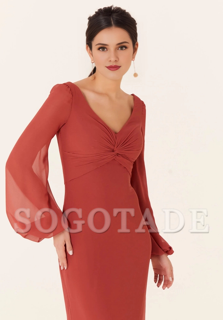 V-neck twisted tight corset bishop sleeve side skirt slit bridesmaid dress