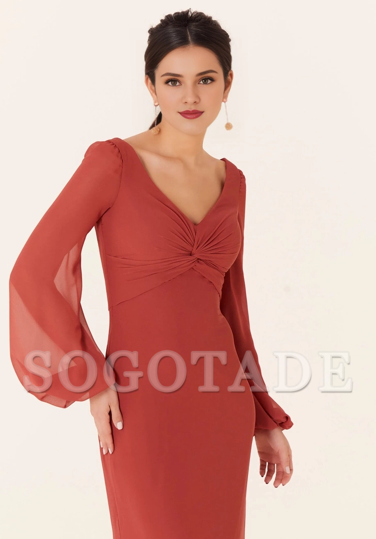 V-neck twisted tight corset bishop sleeve side skirt slit bridesmaid dress