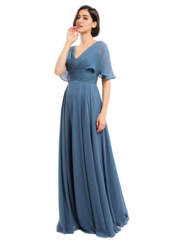  V-Neck Cap Sleeves Sleeves Chiffon Long Elegant Bridesmaid Dresses Formal Wear Dresses