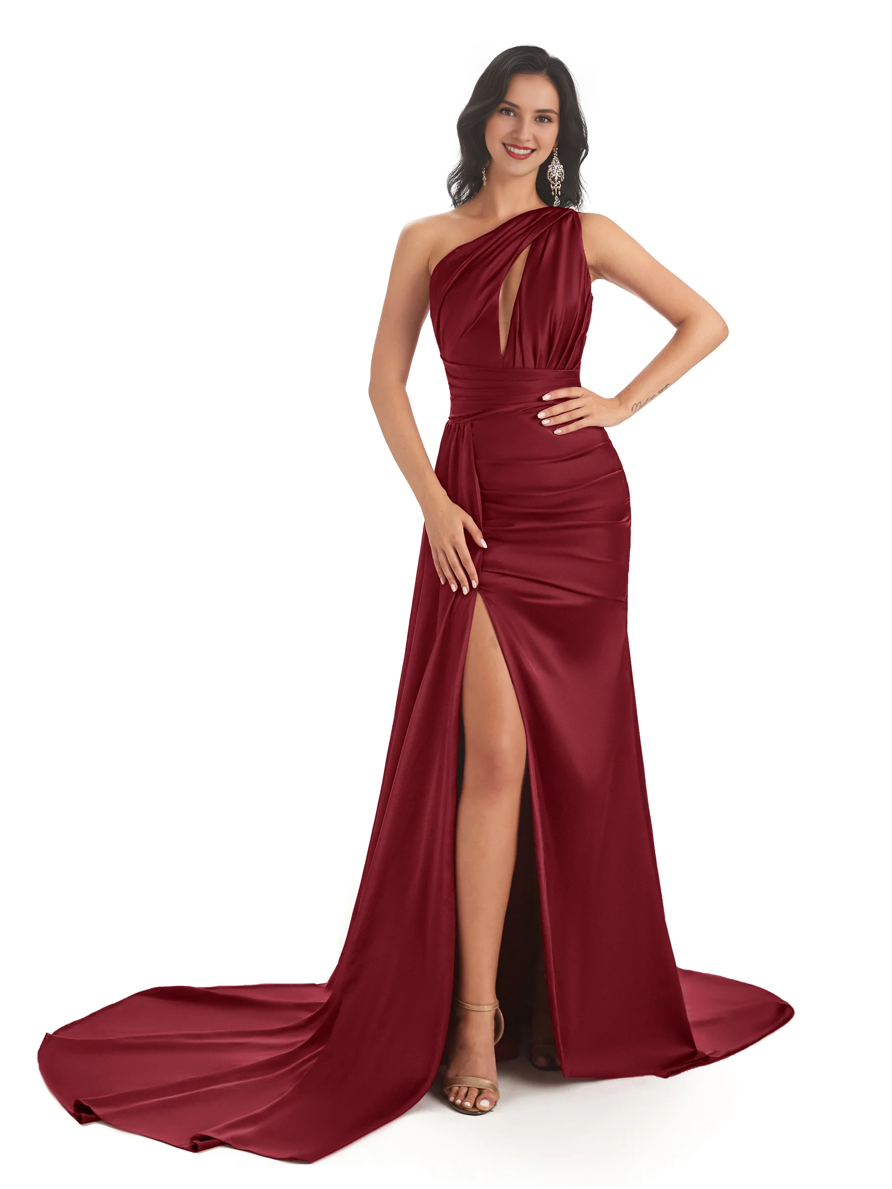 Sexy and soft satin side slit one shoulder fish tail long wedding bridesmaid dress