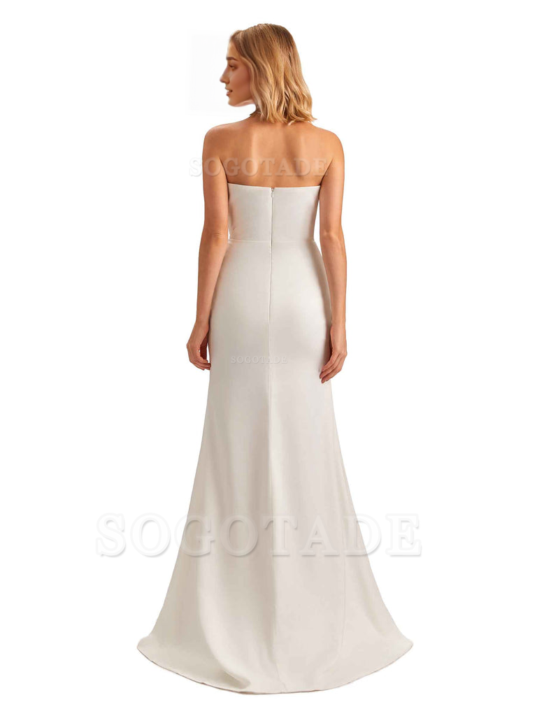 Sexy Sweetheart Strapless Side Slit Mermaid Soft Satin Unique Long Bridesmaid Dress For Wedding