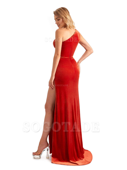 Sexy Sleeveless Floor Length Mermaid One Shoulder Side Slit Velvet Long Bridesmaid Dresses