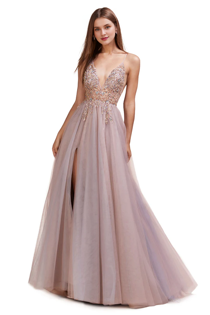 A-line deep V-neck embroidered chiffon thin shoulder strap chiffon prom dress-SOGOTADE