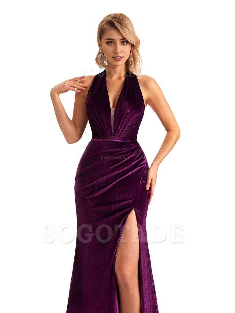 Sexy Deep V Neck Backless Mermaid Halter Side Slit Velvet Long Bridesmaid Dresses Online