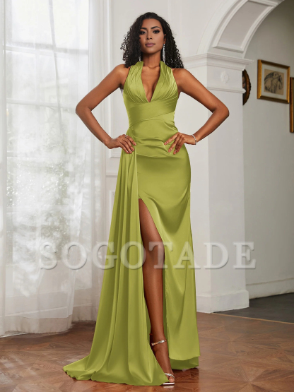 Hanging neck collar satin ball dress