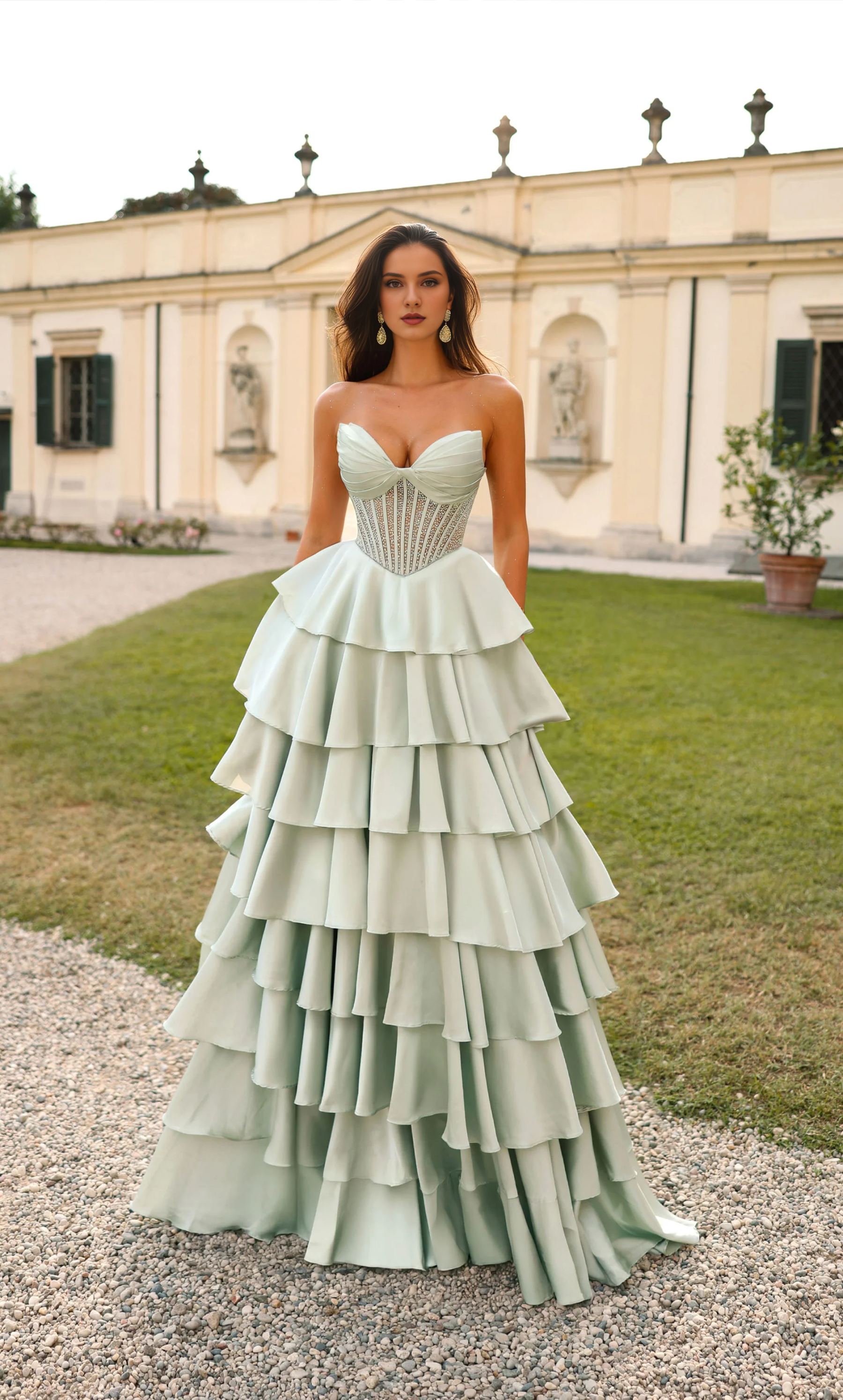 Satin chiffon strapless A-line evening gown backless tight corset ruffled skirt long formal dress